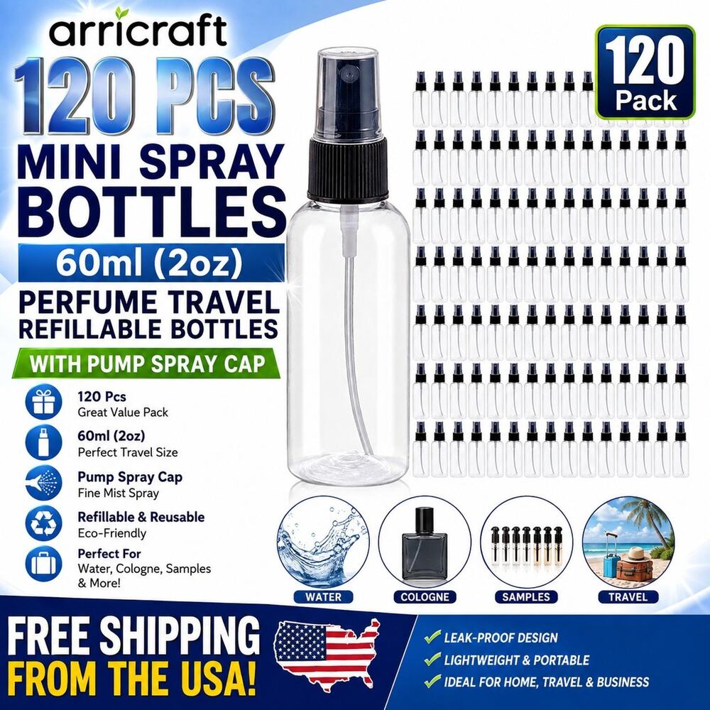 120 Pcs 2 oz Plastic Mini Spray Bottles with Black Cap Clear Empty Fine Mist NEW